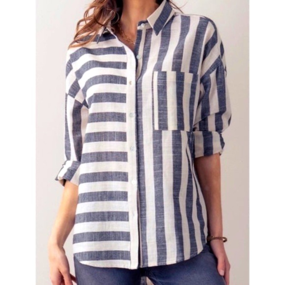 𝅺soft Surroundings Camina Gray Stripe Print Linen Blend Button Down Size:Large